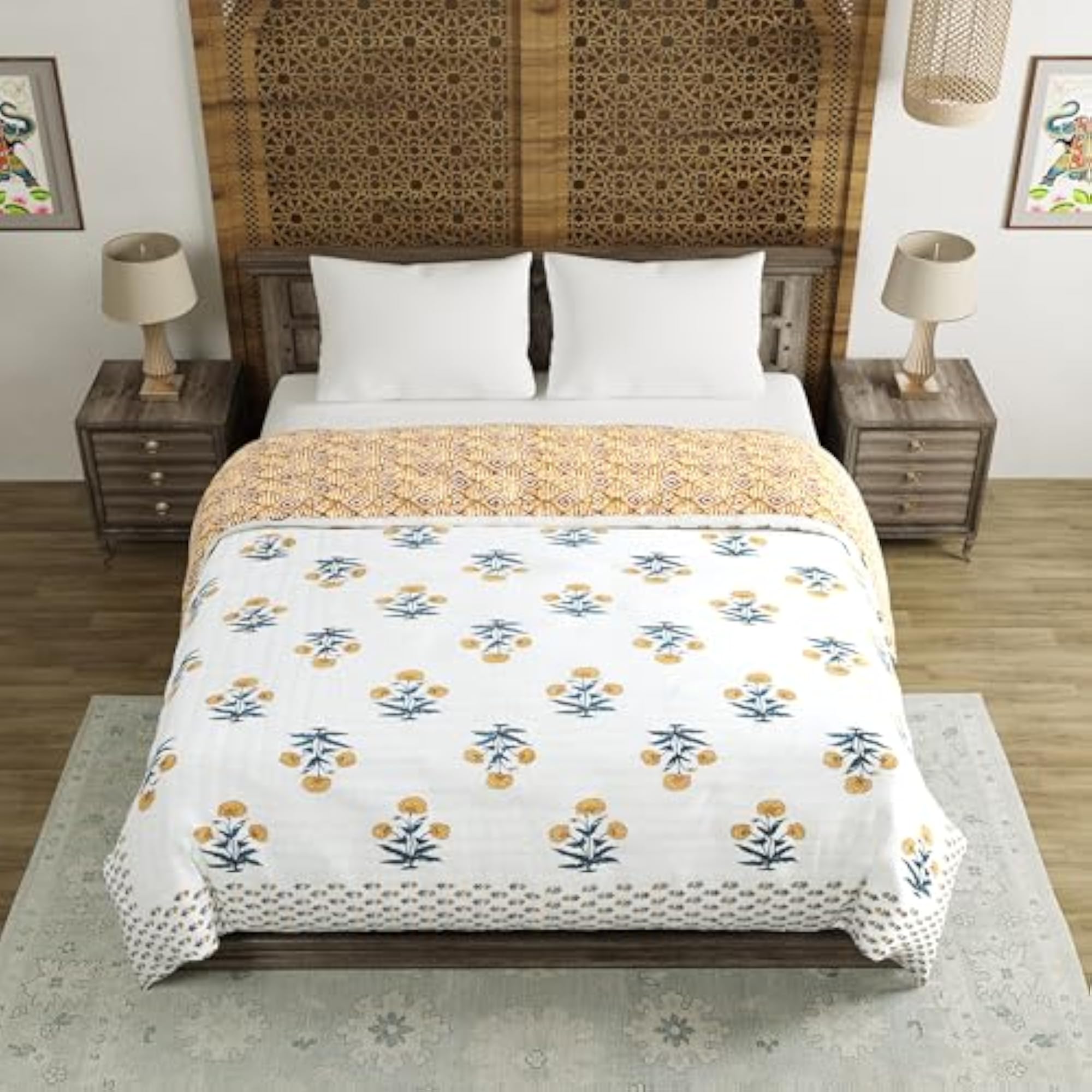 Hand Block Printed Cotton King Size Quilt, Design 46